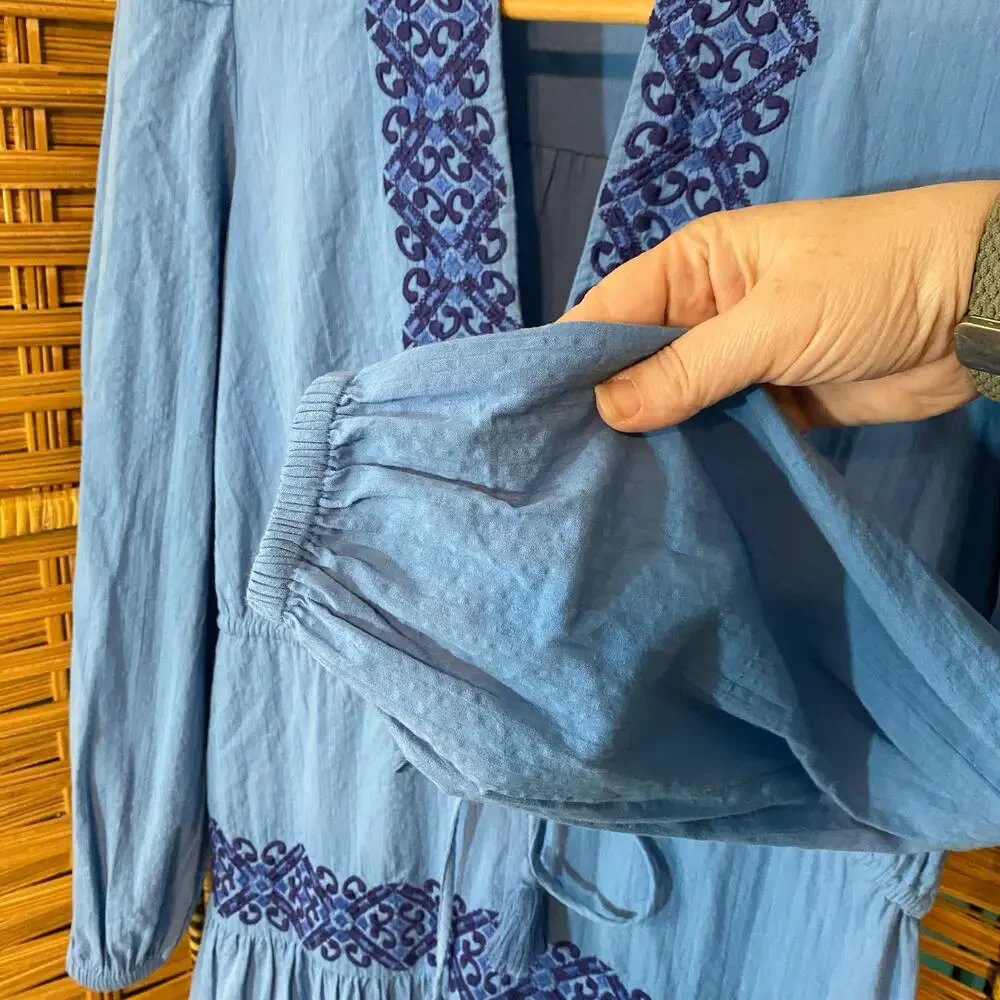 Boden Blue Embroidered 100% Cotton Boho Peasant Dress Women’s 4 Long Sleeve - Picture 4 of 8